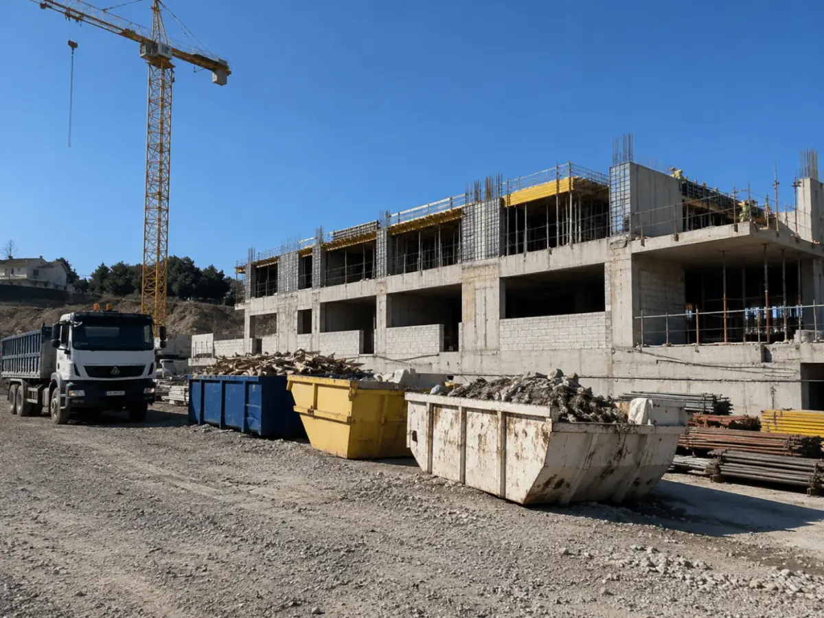 Bennes Calard remplies de gravats sur un chantier de construction à Lyon