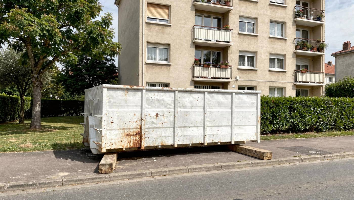 Location de benne à Bron, benne posée sur des bastaings au pied d’un immeuble