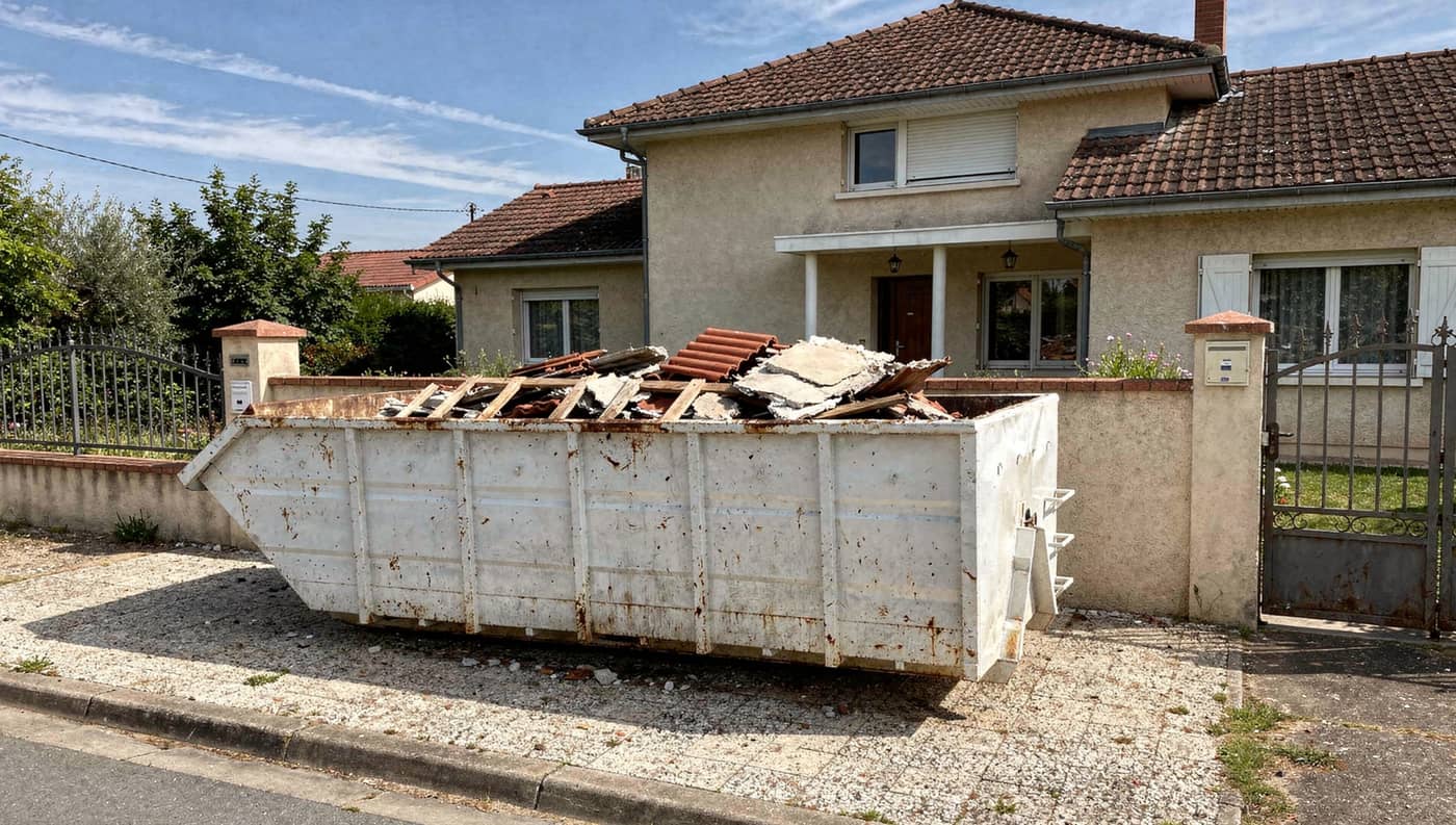 Location de benne à Vénissieux, benne posée devant un pavillon en travaux