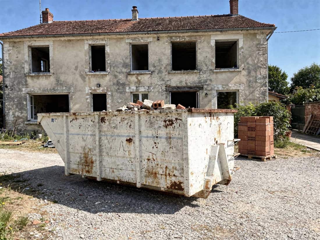 Benne de chantier devant une maison en rénovation à Villeurbanne, pour particulier ou artisan